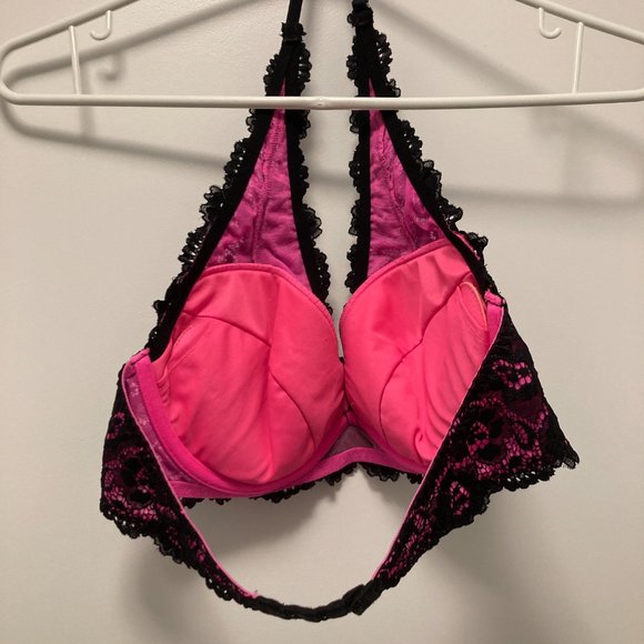 34C Lacy La Sanza Halter Style Bra  Hot Pink and Black Lace - Picture 2 of 2